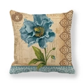 Detail of vintage linen pillowcase with blue floral print and French typographic elements - 45x45cm / Blue Botanical Style (Ym005-3)