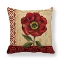 Detail of red rose and poppy floral print on vintage linen pillowcase with French text - 45x45cm / Red Poppy Style (Ym005-4)