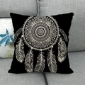 Black linen pillow cover featuring a bohemian mandala dreamcatcher and feather print - Black Base Dreamcatcher Mandala (3) / 18x18 Inch