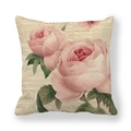 Federa vintage in lino con rose rosa e scritte francesi decorative sul retro - Stile Giornale Vintage a Doppia Rosa (1) / 45x45cm