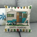 Funda de cojín de lino con caravana retro azul y texto Happy Campers estampado - Autocaravana Vintage Azul Blanca (21) / 45x45cm