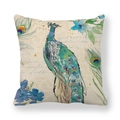 Artistic watercolor peacock and floral design on a square linen throw pillow cover with fringe - Ink Peacock Style 3