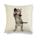 Housse de coussin minimaliste en lin avec motif chaton rayé gris sur tissu beige naturel - Carré / Style Chaton Rayé Gris Noir Debout (5)
