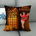 Halloween linen pillowcase with pumpkin and cartoon character on a grey sofa - 45x45cm / Orange Brown Pumpkin Girl Style (4)