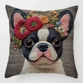Französische Bulldogge Kissenbezug mit bunten 3D-Blumenstickereien auf weichem Plüsch - Kranz Französische Bulldogge 3D-Stickerei (Stil-24) / 45*45 Superweich