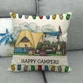 Funda de cojín de lino con ilustración Happy Campers en un sofá gris - Ilustración de Camping Carpa Amarilla(23) / 45x45cm