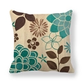 Modern geometric floral pillow cover in linen with teal and brown botanical patterns - Cyan Large Floral Style (1) / 45x45cm