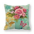 Linen pillow cover with colorful peony flowers, blue vase and butterfly patterns - Peony Butterfly Style