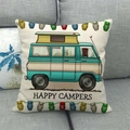 Funda de cojín de lino con diseño de caravana retro y banderines de búhos de colores - Autocaravana Vintage Dibujos Animados (20) / 45x45cm
