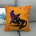 Halloween linen pillowcase featuring a black cat with witch hat and pumpkin on orange base - 45x45cm / Orange Witch Hat Black Cat Style (6)