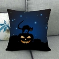 Halloween linen pillow cover featuring a black cat on a pumpkin with a starry night sky - Black Cat on Jack-o'-lantern (5)