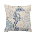 Linen pillowcase with vintage blue seahorse and coral illustration on beige fabric - Vintage Blue Seahorse Style