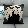 Linen Halloween pillow cover featuring black castle and bats design on gray sofa - 45x45cm / Dark Blue Castle Bat Style (7)
