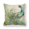 Linen decorative pillow cover with colorful peacock watercolor art print design - Ink Peacock Style 4