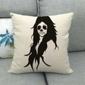 Linen cushion cover with black long-haired skull illustration for Halloween decor - Long Hair Skull Art Illustration Style (11)