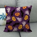 Purple Halloween pillow cover with pumpkin, ghost, and bat prints on a sofa - Purple Ghost Pumpkin Bats (7)