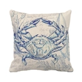 Linen square pillowcase with blue hand-painted crab print and nautical ocean theme design - Vintage Blue Crab Style