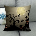 Linen Halloween pillowcase featuring orange pumpkin, bats, and castle on grey sofa - Castle Pumpkin Happy Halloween (8)