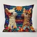 Kurzplüsch-Kissenbezug mit lebendigem 3D-Faserkunst-Alpaka und floralem Ethno-Design - Ethno-Alpaka-Patchwork-Stil (Stil-29) / 45*45 Superweich