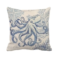 Linen pillow cover with navy blue octopus print and vintage nautical compass design - Vintage Blue Octopus Style