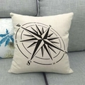 Linen square pillowcase with black nautical compass print on cream fabric texture - 18x18 Inch / Black Compass Point Decoration Style (12)