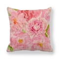 Housse de coussin carrée en lin avec motif floral de roses roses et texture tissée - Style Pivoine Fleur de Cerisier Rose (3)