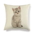Housse de coussin en lin avec un mignon chat gris imprimé sur fond blanc cassé - Carré / Style Chaton Tigré Gris Réaliste (13)