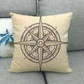 Linen cushion cover with black vintage compass print on beige fabric over gray sofa - 18x18 Inch / Vintage Compass NW Initials Style (13)