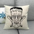 Federa per cuscino in lino con schizzo di Frankenstein su tessuto bianco sporco - Stile Illustrazione del Mostro di Frankenstein