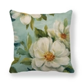 Funda de cojín de lino con estampado de camelia al óleo sobre fondo azul claro - 45x45cm / Estilo Flor Blanca Abstracta (2)