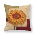 Detail view of rustic linen pillow cover with yellow sunflower and damask patterns - 18x18 Inch / Sunflower Style / Beige