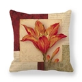 Macro detail of red lily floral print and vintage botanical text on linen pillow cover - 18x18 Inch / Red-Orange Lily Style / Beige