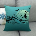 Linen Halloween pillow cover featuring black silhouettes of a witch, bat, and pumpkin - Witch and Bat Silhouette Style (14)