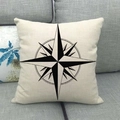 Beige linen cushion cover with black compass nautical print on grey sofa background - 18x18 Inch / Nautical Geometric Black Line Compass Style (14)