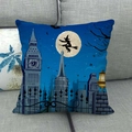 Halloween throw pillow cover featuring a blue full moon and witch silhouette design - 45x45cm / Blue City Silhouette Witch Style (12)