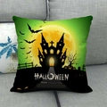 Halloween linen pillow case with green moonlight castle and pumpkin on gray sofa - Green Moon Castle (13)