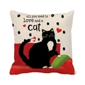 Linen cushion cover with black cat illustration and 'All you need is love' quote - Black Cat Illustration Love Quote Style