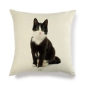Taie d'oreiller minimaliste en lin avec imprimé chat noir et blanc réaliste et yeux verts - Carré / Style Chat Assis Noir Blanc Yeux Verts (18)