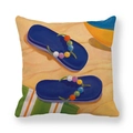 Funda de cojín cuadrada de lino con pintura artística de chanclas de playa de verano - Estilo de Chanclas con Cuentas Azules (3)