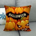 Orange Halloween linen cushion cover featuring pumpkins, bats, and Halloween text print - Orange Festive Letter Style (18)