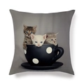 Housse de coussin carrée en lin avec imprimé trois chatons dans une tasse de café - Carré / Style Trois Chatons dans une Tasse à Café (19)
