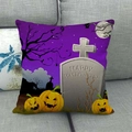 Linen Halloween pillow cover with Happy Halloween print, purple night sky design - 45x45cm / Purple Happy Halloween Pumpkin Style (17)