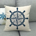 Linen pillowcase with navy blue nautical ship wheel and compass print for sofa - 18x18 Inch / Navy Blue Steering Wheel Compass Art Style (18)