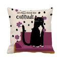 Linen pillow cover with hand-drawn black cat on purple sofa and catitude text - Black Cat Illustration Catitude Quote Style