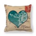 Linen heart pillow cover with vintage postcard print and elegant teal scrollwork pattern - Teal Vine Heart Style