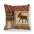 Fodera per cuscino in lino vintage con sagoma di cervo e scritta Seek Wildlife retrò - Stile Patchwork Renna e Pino (3)