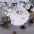 White plush Christmas tree skirt with gold foil star and bauble patterns - Golden Christmas Ball Style
