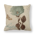 Linen pillow cover with hand-painted chrysanthemums and vintage butterfly print - Cyan Floral Butterfly (Hope) / 18x18 Inch