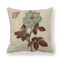 Linen cushion cover with blue floral pattern, butterfly motif and faith script - Large Cyan Blue Flower Butterfly (Faith) / 18x18 Inch