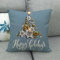 Close-up of linen pillowcase with snowflake Christmas tree and Happy Holidays text - Blue Snowflake Christmas Tree Style (9)